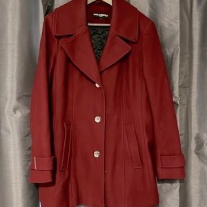 Vintage Karl Lagerfeld Crimson Red quilted Wool Coat Size XL Silver Buttons
